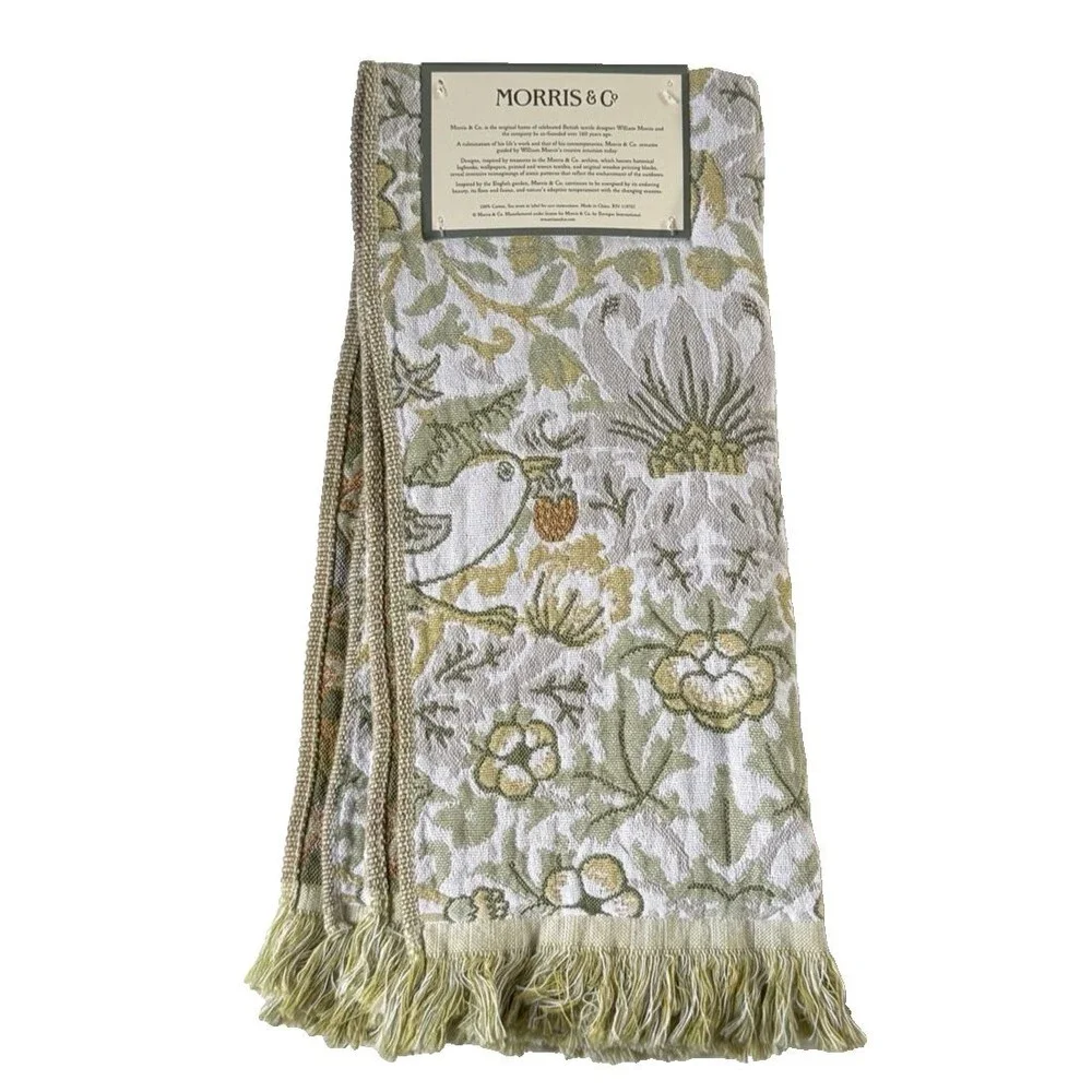 Morris & Co Kitchen Dish Towels Set of 2 Strawberry Thief 100% Cotton Fringe